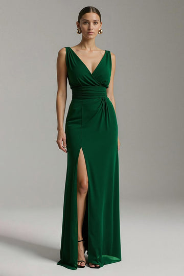 Robe longue formelle à col en V vert foncé avec fente